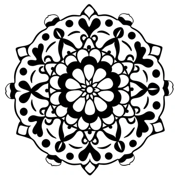 A detailed black-and-white mandala pattern fills the entire image. The pattern consists of multiple layers, showcasing a variety of floral motifs that radiate outward from the center. Each flower is intricately designed with precise lines, surrounded by geometric shapes such as triangles, circles, and squares. The geometric designs are interspersed with the floral elements, creating a harmonious blend of nature and structure. The overall composition is symmetrical, drawing the viewer's attention to the intricate details present in every section of the mandala.