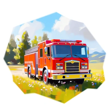 A bright red fire truck parked on a grassy area surrounded by lush green fields and a row of tall trees in the background. The sun is shining down, creating soft shadows on the ground. Nearby, a few wildflowers are blooming, adding splashes of color to the scene. The sky above is clear and blue, and the peaceful countryside ambiance is enhanced by a distant view of rolling hills. The fire truck is positioned at an angle, showcasing its shiny exterior and detailed features.