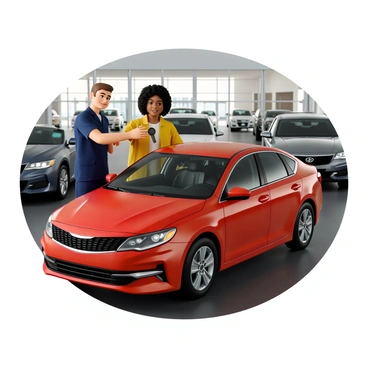 A car dealership employee with short brown hair, wearing a navy blue uniform, is smiling while handing over a set of shiny car keys. The employee is standing beside a brand new red sedan, which has a glossy finish and sleek lines. The new car owner, a middle-aged woman with curly black hair and wearing a bright yellow blouse, is beaming with excitement as she reaches out to take the keys. The background features a well-organized car dealership with several other vehicles on display, including SUVs and compact cars.