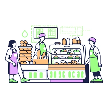 A bakery section in a grocery shop is filled with freshly baked bread and pastries on display. The wooden shelves are stacked with various types of bread, including baguettes, loaves, and rolls. On a nearby glass case, an assortment of pastries such as croissants, éclairs, and danishes are neatly arranged. A warm light illuminates the area, creating a cozy atmosphere. Customers can be seen admiring the baked goods, while a baker in an apron is behind the counter, ready to serve. The aroma of fresh bread fills the air, inviting shoppers to indulge.