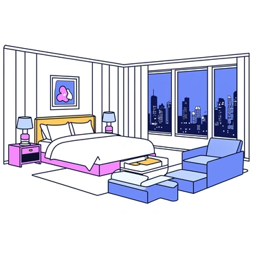 A luxurious hotel suite with a king-sized bed dressed in plush white linens. The bed is positioned against a wall adorned with elegant artwork. Beside the bed are sleek nightstands with modern lamps. Large windows provide a stunning view of the cityscape, showcasing tall buildings and bright lights. A seating area features a contemporary couch and a coffee table, all arranged on a soft area rug. The suite is decorated with tasteful accents and has a warm, inviting ambiance.