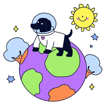 A black labrador wearing a shiny white astronaut suit with a transparent helmet. The dog is standing on a colorful cartoon planet with bold, exaggerated features. The planet has bright green and purple swirls, large orange craters, and cartoonish trees with oversized, round leaves. In the background, there are sparkling stars and a friendly-looking sun with a smiling face.