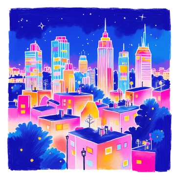 A city skyline is depicted at night, showcasing a variety of skyscrapers and buildings. The buildings are illuminated with bright lights in an array of colors, creating a vibrant atmosphere. Some buildings feature large windows reflecting the glow, while others have rooftop lights shining into the dark sky. In the foreground, there are silhouettes of trees and streetlights that add depth to the scene. The sky is a deep navy blue, dotted with a few stars.
