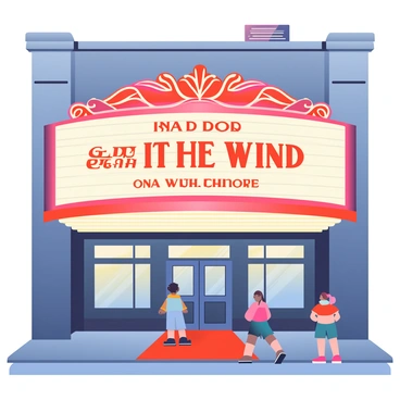 An old-fashioned cinema marquee is prominently displayed at the front of a vintage theater building. The marquee features bright white lights illuminating the text. The classic film title, "Gone with the Wind," is elegantly presented in bold, retro lettering. The marquee is adorned with decorative elements, including curved edges and a vibrant red border. Below the marquee, an ornate entrance with double doors and a red carpet leads into the theater, while a few scattered people are seen admiring the marquee from the sidewalk. The evening sky is painted in soft hues of twilight, providing a warm backdrop to this nostalgic scene.