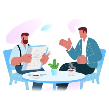 A young professional in business attire is seated at a small table in a cozy café. The young professional has a notepad open, with notes and diagrams sketched on the pages. An experienced mentor, dressed in a blazer, is leaning slightly forward, engaging in conversation. Each person has a steaming cup of coffee in front of them. The table is adorned with a small potted plant, adding a touch of greenery to the scene. Soft, gradient pastel colors fill the background, creating a warm and inviting atmosphere.