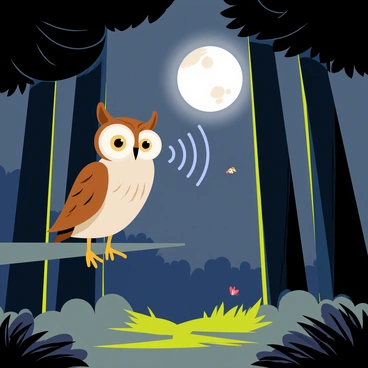 A nighttime scene in a moonlit forest with tall, dark green trees casting shadows on the ground. A large, wise-looking owl with brown and white feathers is perched on a branch, its eyes wide and bright. The owl is hooting, and visible sound waves are radiating outwards in soft blue ripples. The moon shines brightly overhead, illuminating patches of the forest floor and creating a magical atmosphere. Small insects can be seen fluttering in the soft light, adding life to the tranquil setting.