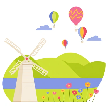A variety of colorful hot air balloons with distinct patterns and vibrant hues are floating in the sky. Below, a picturesque landscape features rolling green hills and a serene blue lake. In the foreground, a classic white windmill with a wooden body and rotating blades stands tall, surrounded by bright wildflowers in various colors. The sky is clear with a few fluffy clouds scattered throughout, enhancing the cheerful atmosphere of the scene.