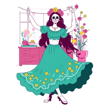 A vibrant Catrina is performing a traditional Mexican dance. She has a beautifully decorated skull face, adorned with intricate patterns and bright floral designs. Her flowing dress is primarily teal, with an elaborate design featuring yellow floral motifs that swirl gracefully as she moves. The Catrina's long hair cascades down her back, intertwined with colorful flowers that complement her attire. Her arms are raised elegantly, capturing the essence of the dance, while her feet are positioned to showcase a dynamic dance step. The background is filled with festive decorations, enhancing the traditional atmosphere of the performance.