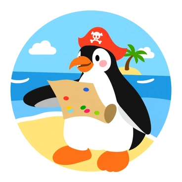 A cartoon penguin with black and white feathers stands on a sandy beach. It is wearing a bright red pirate hat adorned with a skull and crossbones emblem. The penguin is holding a partially unfolded treasure map in its flippers, with colorful markings leading to an "X". In the background, there are gentle waves lapping at the shore and a few palm trees swaying in the breeze. The sky above is a clear blue with a few fluffy white clouds.