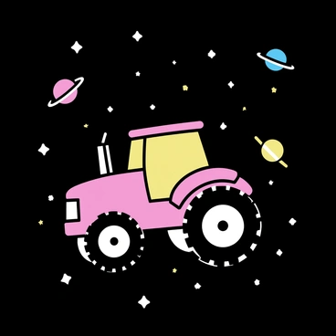 A red tractor, with large black wheels, is floating in a starry outer space environment. The tractor has a shiny surface and a bright yellow cabin. Surrounding the tractor are small, colorful planets and twinkling stars scattered across the deep black background of space. The tractor's wheels are rotating as if in motion, adding a sense of dynamic movement to the scene.