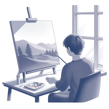 An artist is seated at an easel, deeply focused on painting. The artist has short hair and is wearing a paint-splattered smock. The canvas in front of them displays an expansive landscape, with rolling hills and trees. The artist's brush hovers above the canvas, capturing the details of the scene. A palette of colors lies on a nearby table, with various brushes arranged around it. Sunlight streams in from a window in the background, illuminating the workspace and casting soft shadows. The atmosphere conveys a sense of dedication and immersion in the creative process.