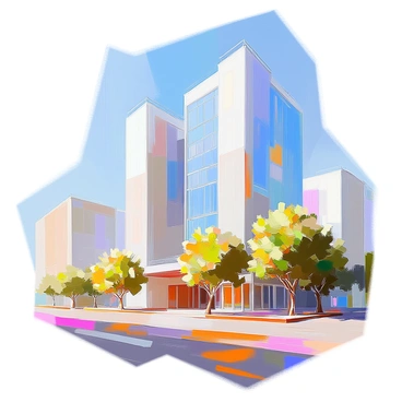 A sleek, contemporary building stands majestically with tall glass pillars that shimmer in the sunlight. The glass surfaces reflect the surrounding city skyline, capturing the outlines of nearby buildings and the vibrant atmosphere of the urban environment. The structure is designed with angular lines and smooth surfaces, giving it a modern aesthetic. Surrounding the building, the pavement is neat and well-maintained, with a few trees providing a touch of greenery against the glass facade. The sky is clear and blue, enhancing the overall brightness of the scene.