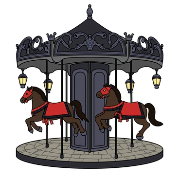 A dark, gothic-style carousel with ornate, elegant designs. The carousel features intricately carved horses, each adorned with flowing capes in deep red and black colors. The horses also wear elaborate masks that cover their eyes, adding a mysterious charm. The carousel's structure is embellished with twisted ironwork and dimly lit lanterns hanging from above, casting a soft glow. The ground beneath the carousel is made of cobblestones, adding to the overall atmosphere.