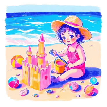 A baby girl with curly hair is sitting on a sandy beach. She is wearing a bright pink swimsuit and a wide-brimmed sun hat. In front of her, there is a partially constructed sandcastle with towers and a moat. She is holding a colorful plastic bucket in one hand and a small spade in the other. Around her are scattered seashells and a vibrant beach ball. The ocean waves can be seen gently rolling in the background.