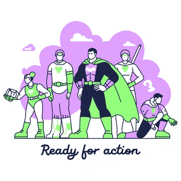 A team of superheroes stands together, each with distinct abilities and appearances. In the center, a tall, muscular hero with a bold stance wears a dark suit and a flowing cape. To the left, a slender hero with bright armor is preparing to throw a device. On the right, a hero with glowing elements in their costume kneels and examines the ground. Behind them, a hero with a majestic wingspan is poised to take flight. The sky above them is a vibrant canvas, hinting at the imminent adventure. "Ready for action" is written in bold letters across the bottom of the image.