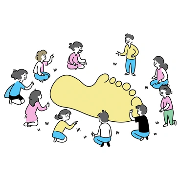 A large footprint imprinted on the ground, surrounded by several tiny people. The tiny figures, dressed in colorful clothing, are gathered around the footprint, pointing and discussing its size. Some individuals are kneeling down to examine the detail of the footprint, while others are standing, looking up in awe at its enormity. The ground is a textured surface with dirt and grass around the footprint, enhancing the contrast between the small figures and the gigantic imprint.