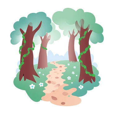 A narrow forest path is visible, stretching through a dense area of towering trees. The trunks of the trees are covered in lush, green ivy that winds up towards the branches. Light filters through the foliage above, casting soft shadows on the ground. The path is surrounded by a carpet of fallen leaves and small wildflowers peeking through the underbrush. The scene is rich in shades of green and earthy browns, creating a tranquil atmosphere.