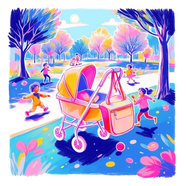 A chic diaper bag is hanging from the handle of a stroller. The stroller is parked on a grassy area in the park. Surrounding the stroller, there are playful children running and laughing. Some are playing with a ball, while others are engaged in a game of tag. Trees with lush green leaves and colorful flowers are visible in the background, adding to the lively atmosphere of the park. The sun is shining brightly, creating a warm and cheerful environment.