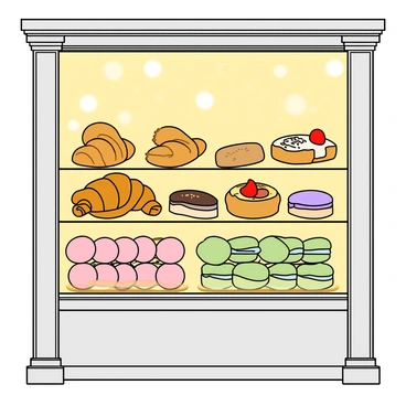 A charming French patisserie window showcasing an assortment of delicate pastries and colorful macarons. The window is framed with ornate white trim, elegantly highlighting the treats inside. On display, there are flaky croissants with golden-brown layers, rich eclairs filled with creamy filling, and beautifully decorated tarts topped with fresh fruit. The macarons are arranged in neat rows, featuring pastel colors like soft pink, mint green, and lavender. Each macaron has a smooth, glossy surface and appears light and airy. Behind the pastries, there are soft glowing lights that enhance the inviting atmosphere of the patisserie.