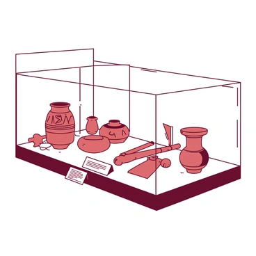 An exhibit room with illuminated glass cases showcasing various ancient pottery and tools. The pottery includes several unique pieces with intricate designs, some featuring symbols engraved onto their surfaces. The tools are placed nearby, showcasing different shapes and sizes, including a stone axe and a metal chisel. The backdrop of the exhibit features a soft white wall that enhances the visibility of the artifacts. Each glass case has a small, informative plaque positioned in front of it, providing details about the items on display.