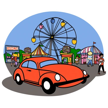 A bright red Beetle car parked at a county fair, showcasing its rounded shape and shiny exterior. In the background, a colorful Ferris wheel is spinning, with vibrant lights and different colored gondolas. The scene is lively, with fairgoers walking around, and various food stalls visible nearby selling popcorn and cotton candy. The sky is clear and blue, adding to the cheerful atmosphere of the fair.