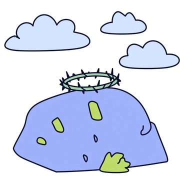 A crown of thorns made of intertwined branches with sharp spikes is resting atop a large, weathered rock. The rock has a rugged surface with visible cracks and moss growing in crevices. Above, a cloudy sky is filled with gray clouds, casting a dim light over the scene. The atmosphere is somber, with the crown contrasting against the rough texture of the rock.