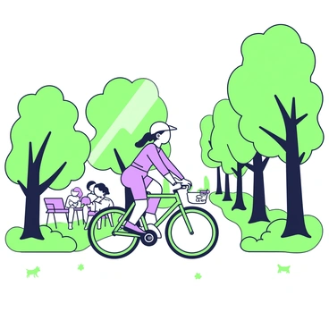 A person is riding a bicycle along a tree-lined path in a park. The bicycle is sleek and modern, with smooth handlebars and thin tires. The rider is wearing a bright helmet and a fitted athletic outfit. Tall trees line both sides of the path, their leaves creating a natural canopy overhead. Sunlight filters through the branches, casting dappled shadows on the ground. In the background, there are indications of other park-goers enjoying the day, such as a family having a picnic and a dog running playfully.