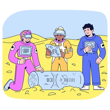 A group of three futuristic archaeologists in sleek, metallic suits are gathered around a partially buried time capsule in a sun-drenched desert. The first archaeologist, with a visor displaying digital information, is carefully brushing away sand from the capsule’s surface. The second archaeologist, holding a tablet with holographic projections, is analyzing the capsule's inscriptions. The third archaeologist is standing back, observing the scene, with a reflective visor that mirrors the bright blue sky. The desert is filled with sparse vegetation, and distant sand dunes create a sense of vastness around them. The time capsule is cylindrical, made of a shiny, unknown material with intricate designs etched into it.
