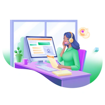 A modern pastel illustration depicting a customer service representative seated at a desk, wearing a headset and smiling. The representative is engaged in a phone call, holding a notepad with a pen in their hand. They have a computer in front of them displaying a webpage related to insurance details. On the desk, there are a coffee mug, a potted plant, and a stack of folders. In the background, a large window reveals a bright day outside with trees visible. The overall scene conveys a professional yet approachable atmosphere.