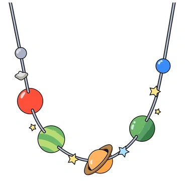A playful necklace designed with a series of small, colorful planets and twinkling stars. The necklace has a shiny silver chain that holds miniature round planets painted in various bright colors, including red, blue, and green. Small star-shaped charms are scattered throughout the necklace, each shining with a gold or silver finish. The planets and stars are arranged in an alternating pattern, creating a whimsical outer space theme. The background is a soft gradient, enhancing the celestial-inspired look of the collier.
