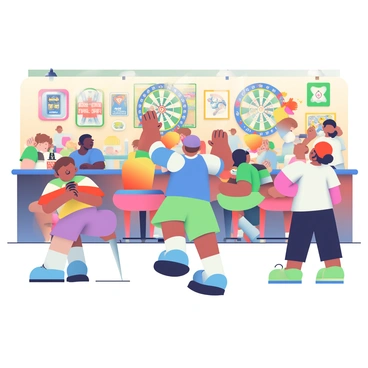 A lively sports bar interior is filled with people engaging in various activities. Several dartboards are mounted on the walls, with players in the foreground taking aim at the targets. One player, with short brown hair and a blue jersey, is throwing a dart while focusing intently. Another player, wearing a red cap, is retrieving darts from the board, glancing back at their friends who are cheering them on. The bar is adorned with sports memorabilia, including framed jerseys and posters. Tables are scattered throughout, with patrons enjoying drinks and snacks. The lighting is warm, creating a vibrant and inviting atmosphere.