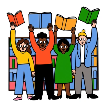 A group of four individuals standing together in a library, each holding an open book. The first person is a light-skinned woman with big eyes and wavy brown hair, wearing a yellow sweater and blue jeans. Next to her is a dark-skinned man with big eyes and short curly hair, dressed in a red t-shirt and black pants. To their right is a medium-skinned woman with big eyes and straight black hair, wearing a green dress. The last person is a light-skinned man with big eyes and blonde hair, dressed in a blue jacket and grey trousers. They are all raising their books high in the air, with determined expressions on their faces, surrounded by shelves full of books in the background.