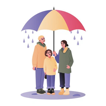 A digital flat illustration depicting a large, colorful umbrella opened above several people standing underneath it. The umbrella is vibrant with a mix of red, blue, and yellow colors. Underneath the umbrella, there are three people: one has curly brown hair and is wearing a yellow raincoat, the second has straight black hair and is wearing a blue jacket, while the third has short blond hair and is wearing a green poncho. They are all smiling and looking up at the gap in the umbrella where rain is falling through. The rain is visible as blue drops, creating a contrast with the dry area beneath the umbrella. The ground below is a light gray pavement, with small puddles forming where the raindrops land.