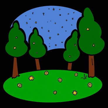 A forest clearing with lush green grass and scattered wildflowers, illuminated by numerous glowing fireflies that dance in the air. The trees surrounding the clearing are tall and leafy, their silhouettes visible against the night sky. Above, a starry sky is filled with countless twinkling stars, creating a magical atmosphere. The soft glow of the fireflies contrasts with the darkness of the night, enhancing the enchanting scene.
