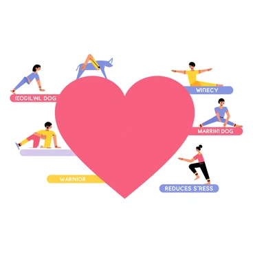 A large red heart at the center of the image, surrounded by various figures demonstrating different yoga poses. Each figure is in a distinct pose, such as downward dog, warrior pose, and tree pose. Colorful labels in playful fonts are positioned next to each figure, explaining the specific benefits of each yoga pose for heart health, such as "Improves circulation" and "Reduces stress". The background is a light, calming color to enhance the focus on the heart and the yoga poses.