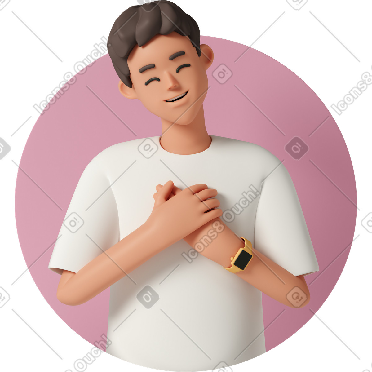 Ilustración Avatar de un hombre feliz y agradecido que se toma las manos cerca del corazón en estilo 3D Casual life a descargar en PNG SVG