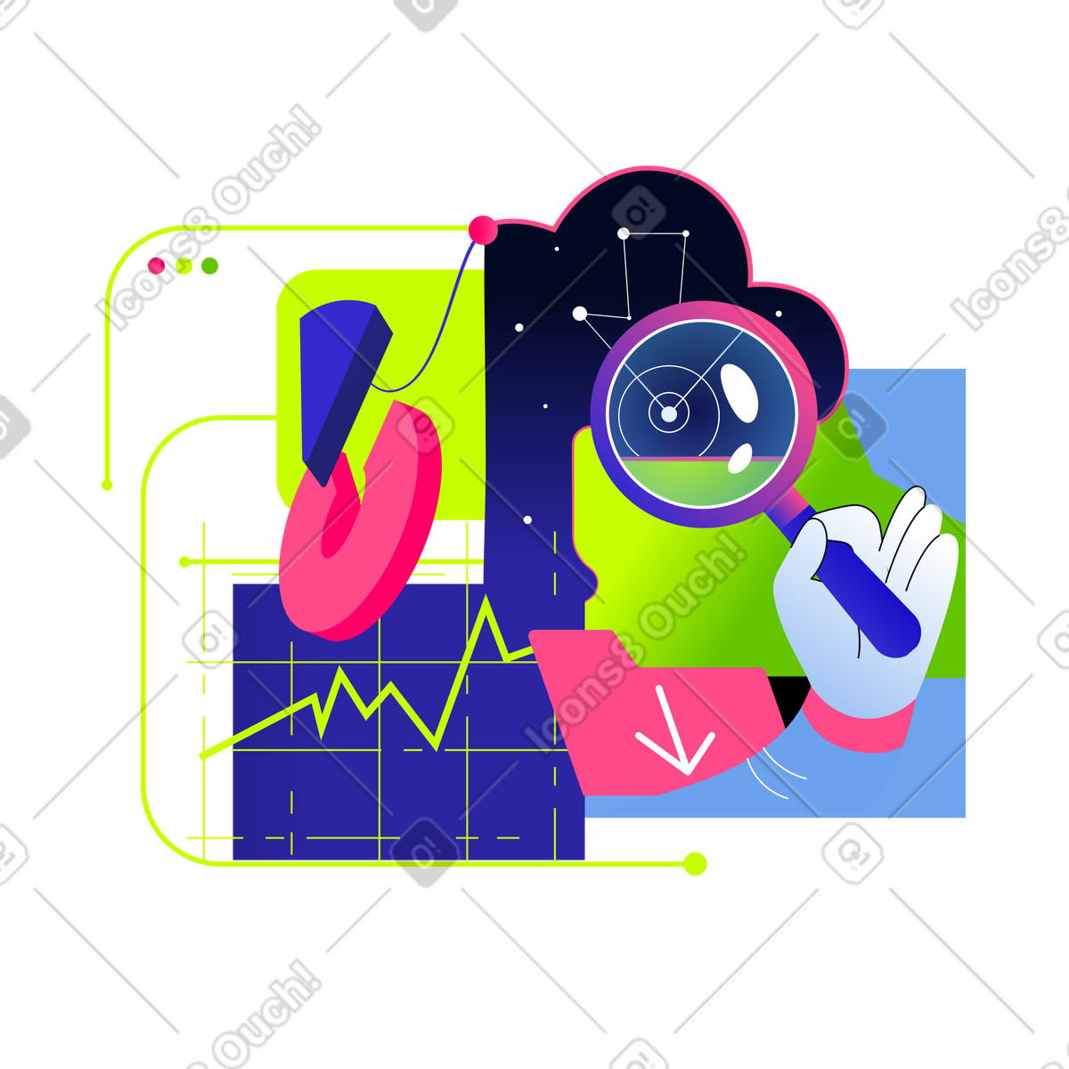 Hand with a magnifying glass looking for information in charts and graphs illustration Space style download PNG, SVG