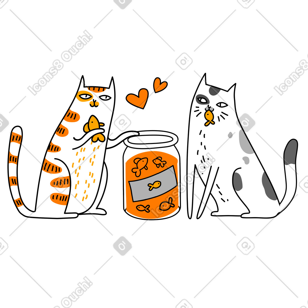 Gatti che mangiano pesce durante un appuntamento illustrazione in stile Purr scarica in PNG, SVG