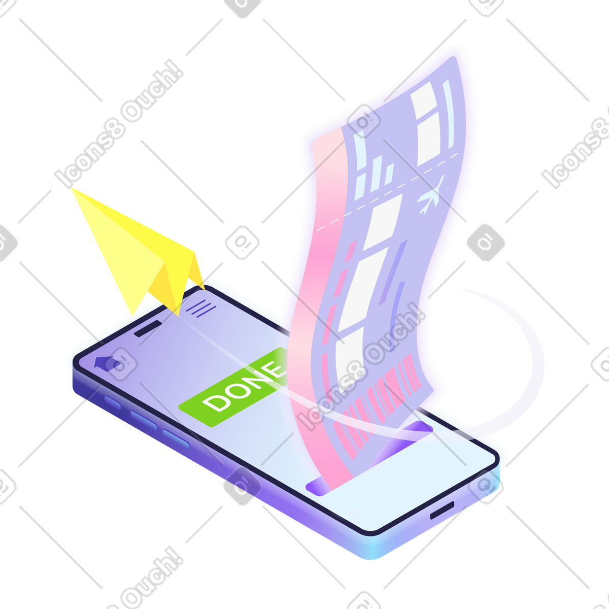 Airline ticket coming out of mobile phone, Online purchase or check-in illustration in Isotech style download in PNG, SVG