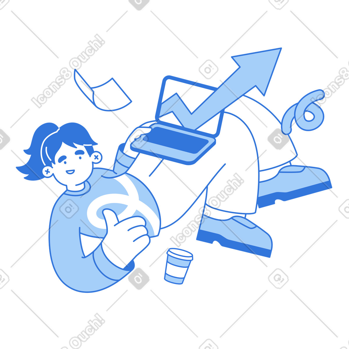 Illustration Suivi des performances des employés à distance sur ordinateur portable, progression du travail en ligne et réussite financière aux formats PNG et SVG