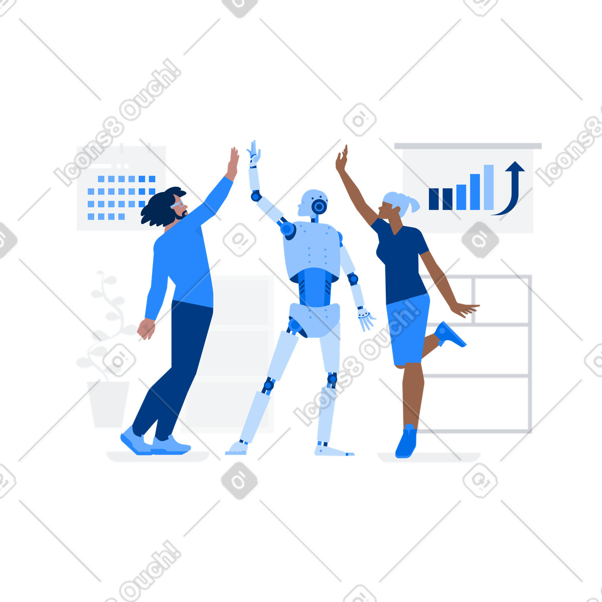 Robot androide, donna e uomo che si danno il cinque in ufficio illustrazione stile Urban scarica PNG, SVG