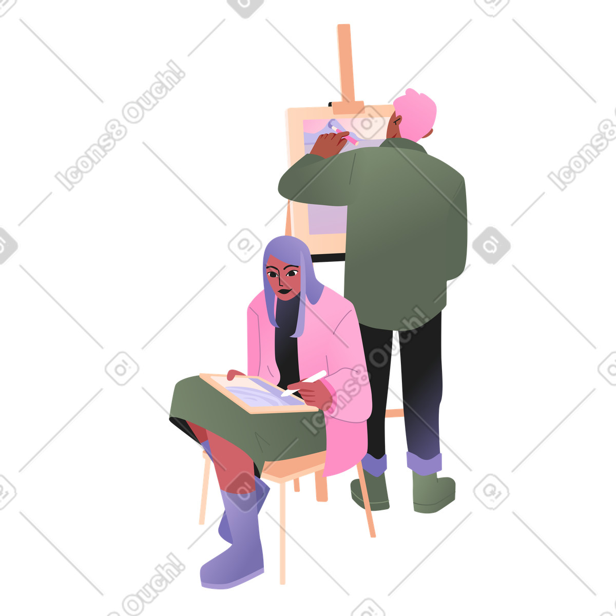 Ilustración Jóvenes estudiando en la escuela de arte estilo Coworking a descargar PNG y SVG