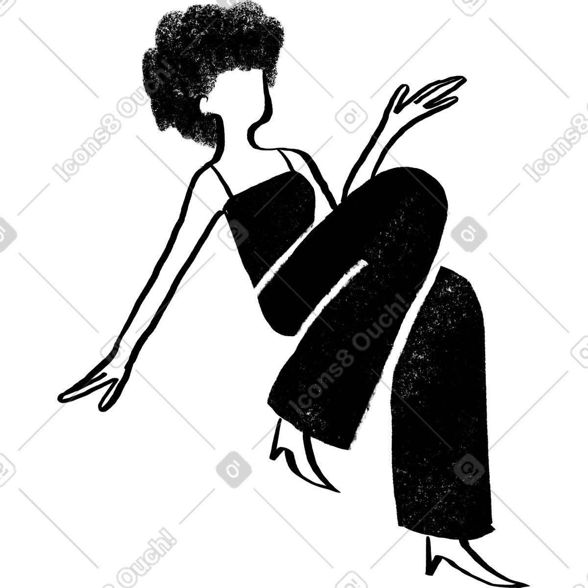 Black and white woman with curly hair sitting her leg up illustration in Company style download in PNG, SVG