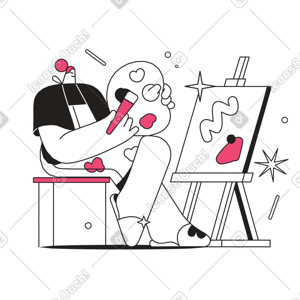 Painter working on artwork at easel, Art class or workshop illustrazione in stile Dazzle Line scarica in PNG, SVG