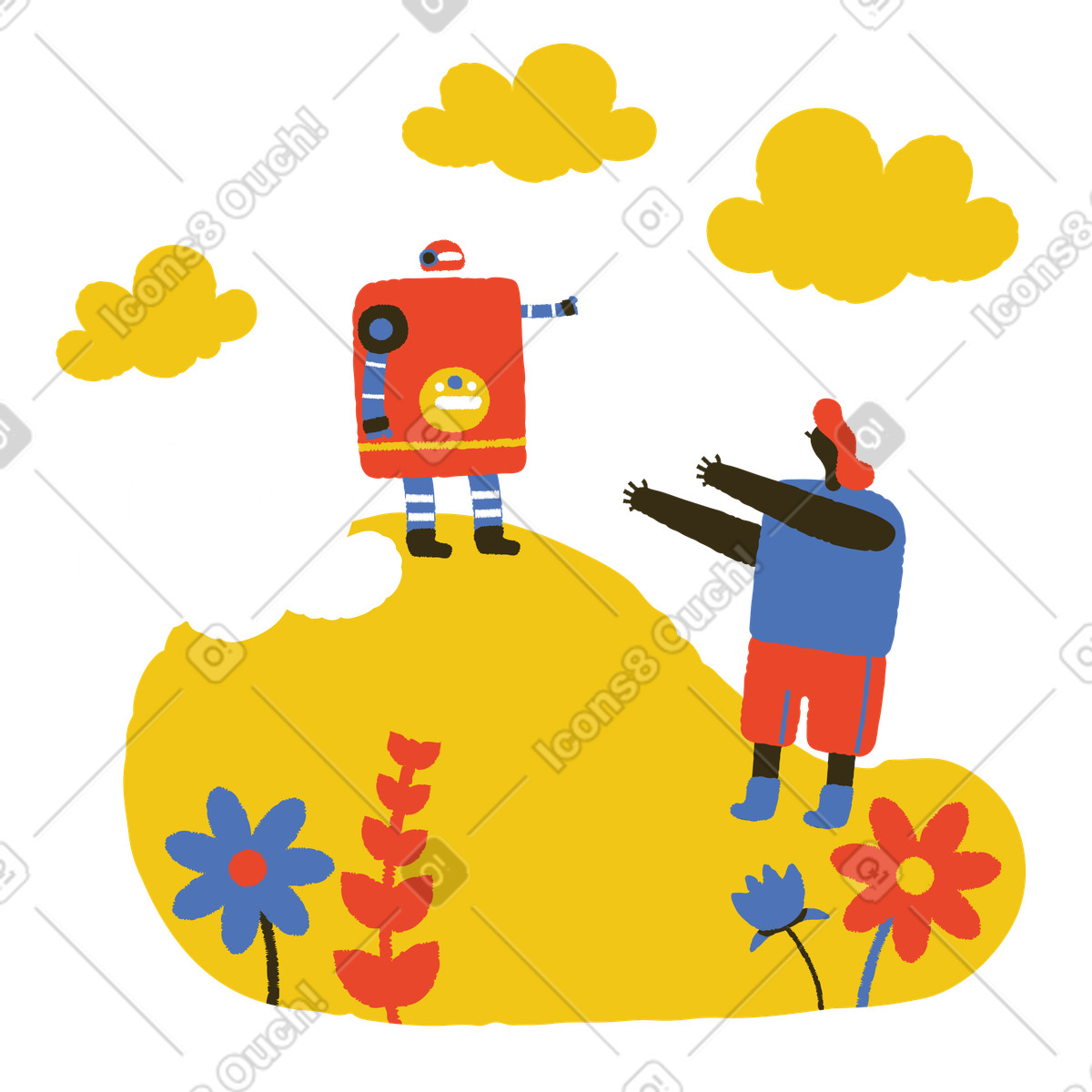 Illustration Une histoire d'amour avec un robot dans le style Bermuda à télécharger aux formats PNG, SVG