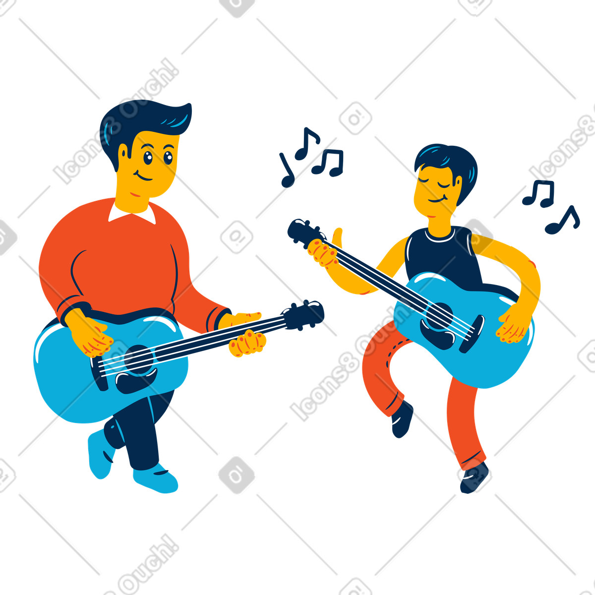 Young man taking a music lesson on playing the guitar illustration in Flame style download in PNG, SVG