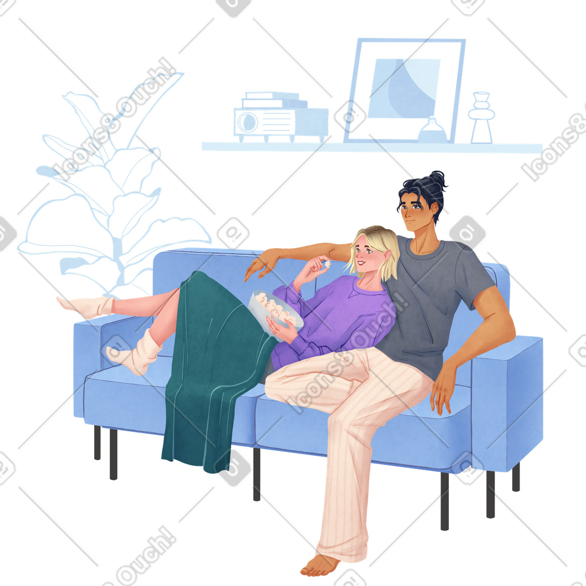 Man and woman sitting on sofa with popcorn illustration in Lifestyle style download in PNG, SVG