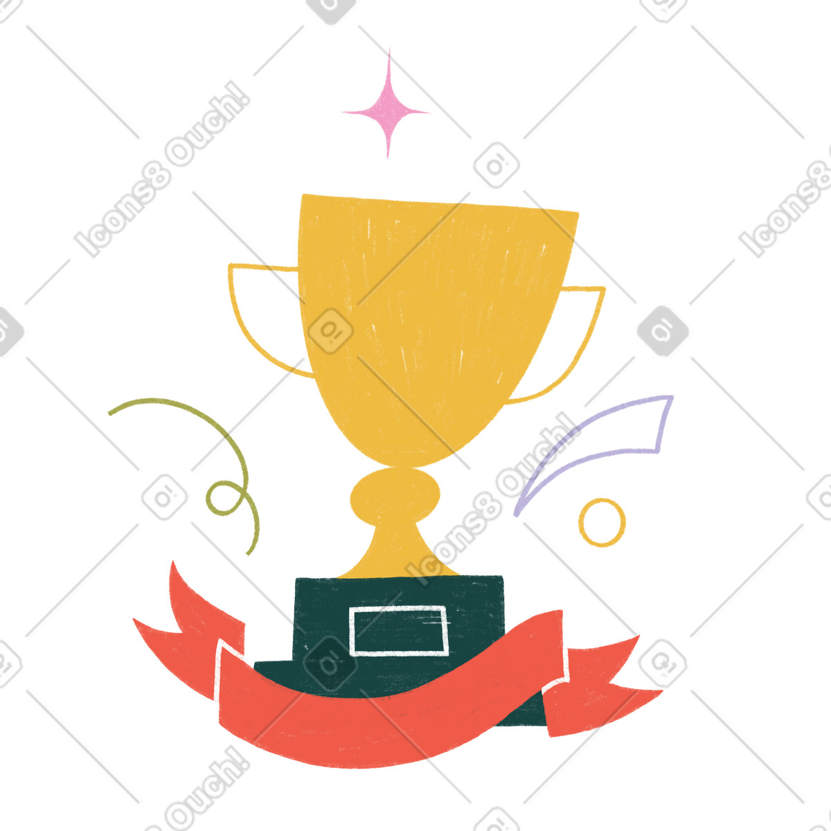 Golden cup with confetti and red ribbon in honor of victory illustration Tutti style download PNG, SVG