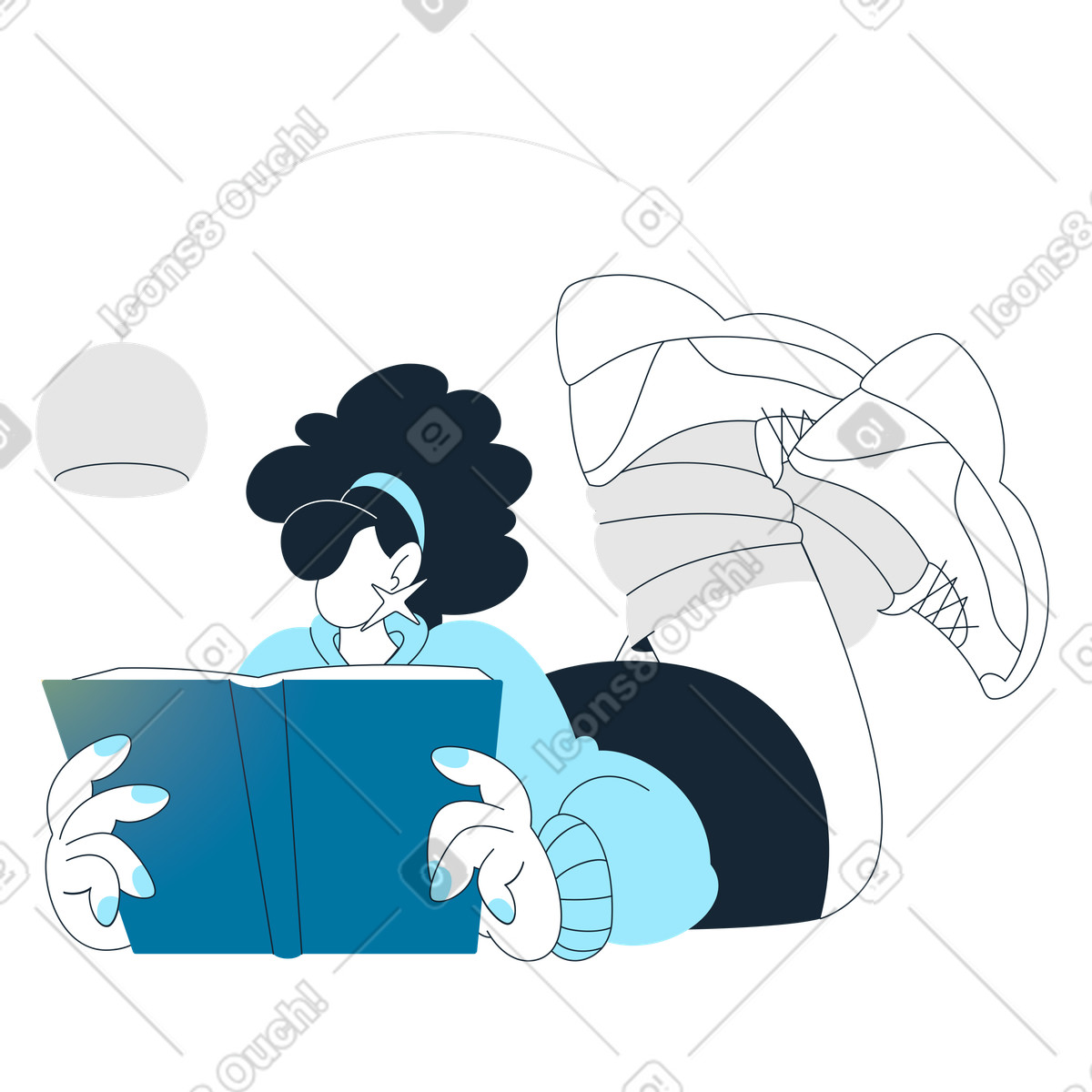 Woman reading a book illustration under a floor lamp clipart image in PNG SVG GIF