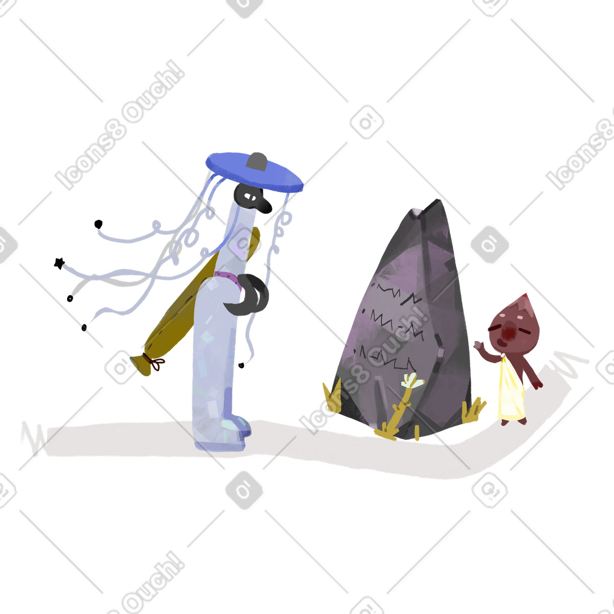 Ilustração de Path keeper greeting traveler by stone signpost, Sign up or onboarding concept em no estilo Atomic para baixar em PNG, SVG